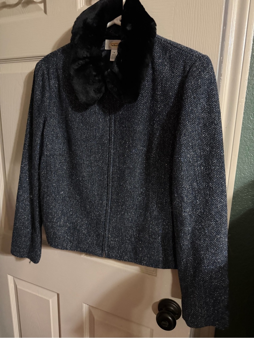 Talbots Navy Herringbone Jacket with Black Faux Fur Collar